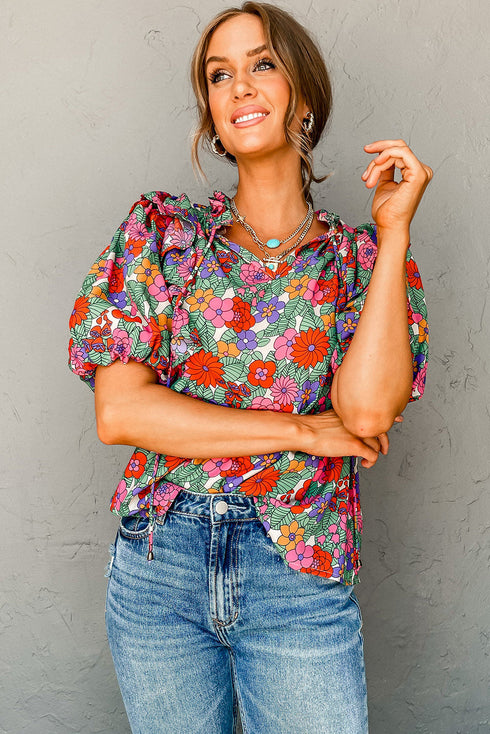 Split Neck Tie Detail Puff Sleeve Floral Blouse