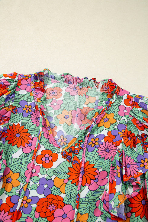 Split Neck Tie Detail Puff Sleeve Floral Blouse