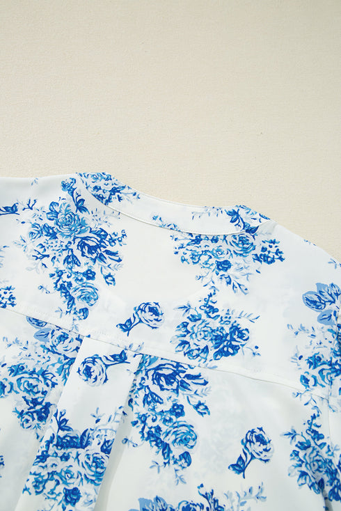 Split Neck Tiered Ruffle Sleeve Botanical Blouse