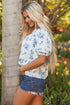 Split Neck Tiered Ruffle Sleeve Botanical Blouse