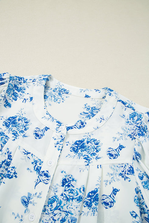 Split Neck Tiered Ruffle Sleeve Botanical Blouse