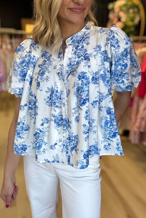 Split Neck Tiered Ruffle Sleeve Botanical Blouse