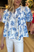 Split Neck Tiered Ruffle Sleeve Botanical Blouse