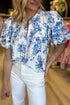 Split Neck Tiered Ruffle Sleeve Botanical Blouse