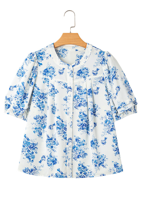 Split Neck Tiered Ruffle Sleeve Botanical Blouse