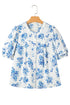 Split Neck Tiered Ruffle Sleeve Botanical Blouse