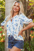 Split Neck Tiered Ruffle Sleeve Botanical Blouse