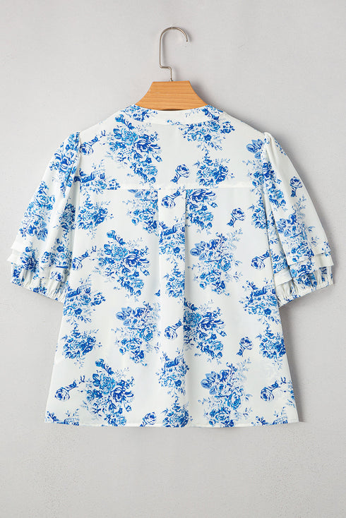 Split Neck Tiered Ruffle Sleeve Botanical Blouse