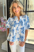 Split Neck Tiered Ruffle Sleeve Botanical Blouse