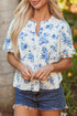 Split Neck Tiered Ruffle Sleeve Botanical Blouse
