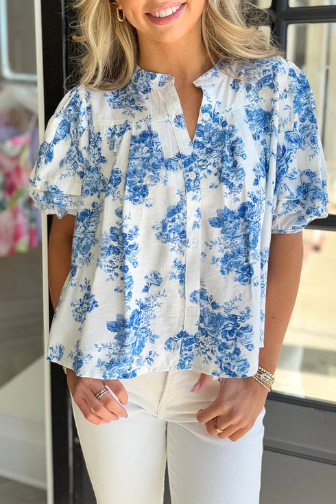Split Neck Tiered Ruffle Sleeve Botanical Blouse