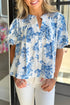 Split Neck Tiered Ruffle Sleeve Botanical Blouse