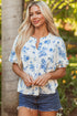 Split Neck Tiered Ruffle Sleeve Botanical Blouse