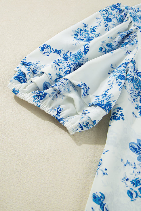 Split Neck Tiered Ruffle Sleeve Botanical Blouse