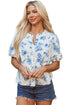 Split Neck Tiered Ruffle Sleeve Botanical Blouse