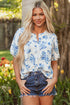 Split Neck Tiered Ruffle Sleeve Botanical Blouse