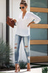 Split Neckline Roll Tab Sleeve Relaxed Utility Blouse