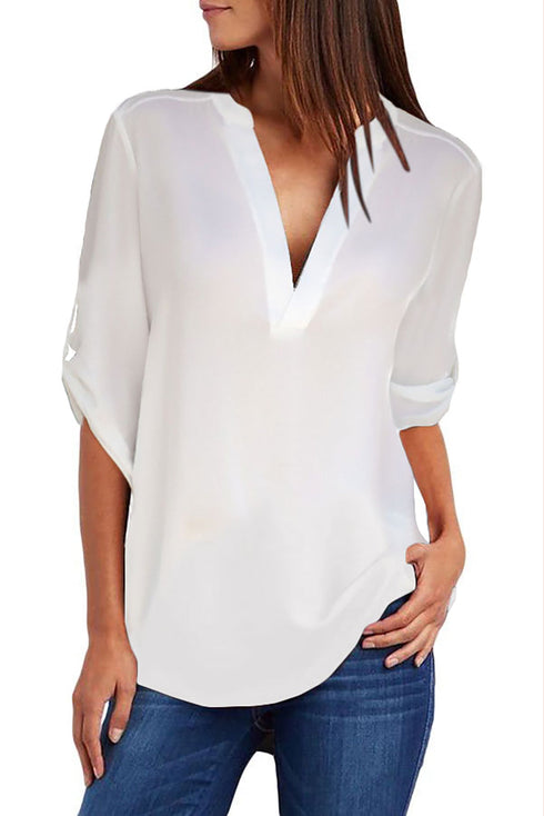 Split Neckline Roll Tab Sleeve Relaxed Utility Blouse