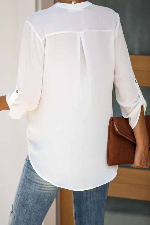 Split Neckline Roll Tab Sleeve Relaxed Utility Blouse