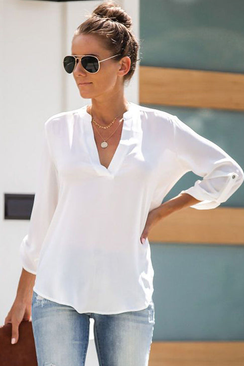 Split Neckline Roll Tab Sleeve Relaxed Utility Blouse
