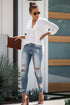 Split Neckline Roll Tab Sleeve Relaxed Utility Blouse