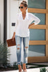 Split Neckline Roll Tab Sleeve Relaxed Utility Blouse