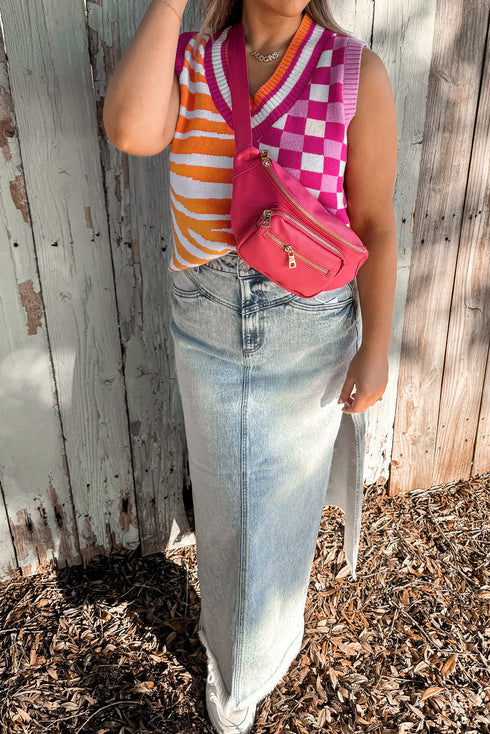 Split Pattern Mixed Print Knit Sweater Vest