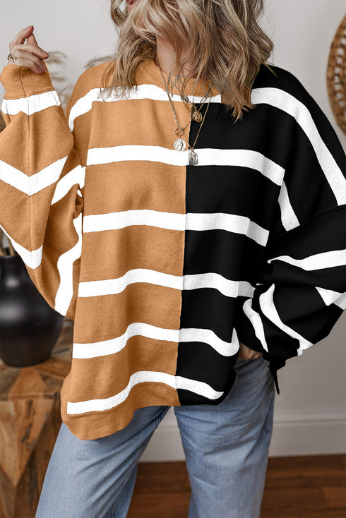Split Pattern Oversized Crew Neck Pullover Sweatshirt
