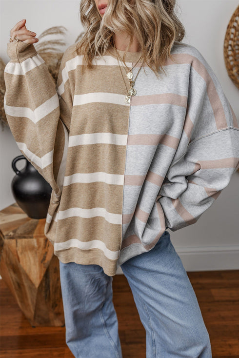Split Pattern Oversized Crew Neck Pullover Sweatshirt