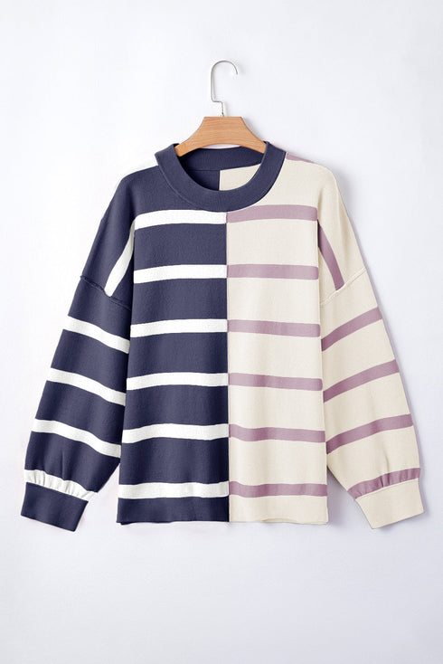 Split Pattern Oversized Crew Neck Pullover Sweatshirt