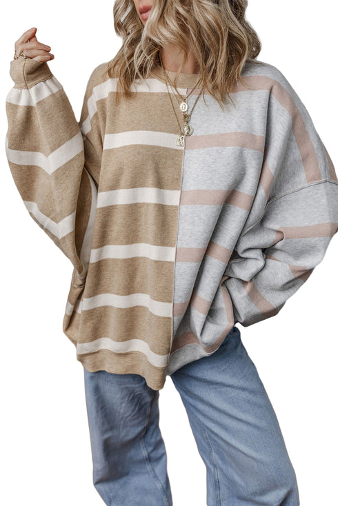 Split Pattern Oversized Crew Neck Pullover Sweatshirt