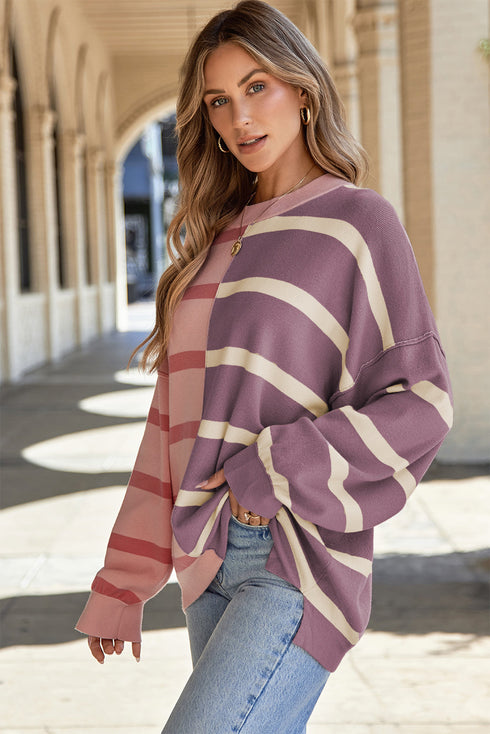 Split Pattern Oversized Crew Neck Pullover Sweatshirt