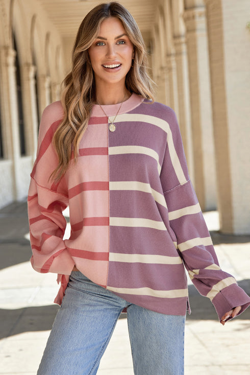 Split Pattern Oversized Crew Neck Pullover Sweatshirt