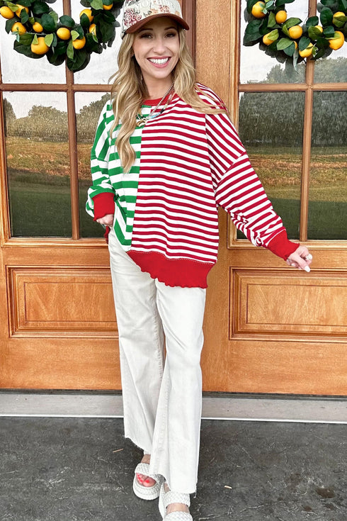 Split Pattern Striped Relaxed Fit Pullover Sweatshirt