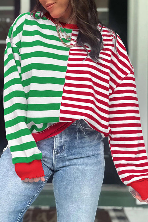 Split Pattern Striped Relaxed Fit Pullover Sweatshirt