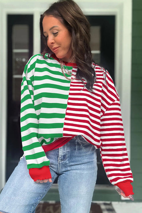 Split Pattern Striped Relaxed Fit Pullover Sweatshirt