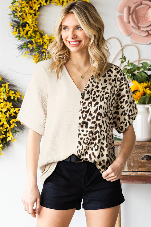 Split Pattern V Neck Short Sleeve Woven Top