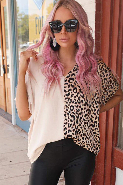 Split Pattern V Neck Short Sleeve Woven Top