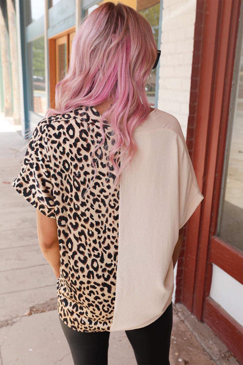 Split Pattern V Neck Short Sleeve Woven Top