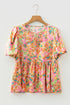 Split V Neck Short Sleeve Floral Print Relaxed Blouse