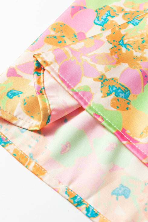 Split V Neck Short Sleeve Floral Print Relaxed Blouse