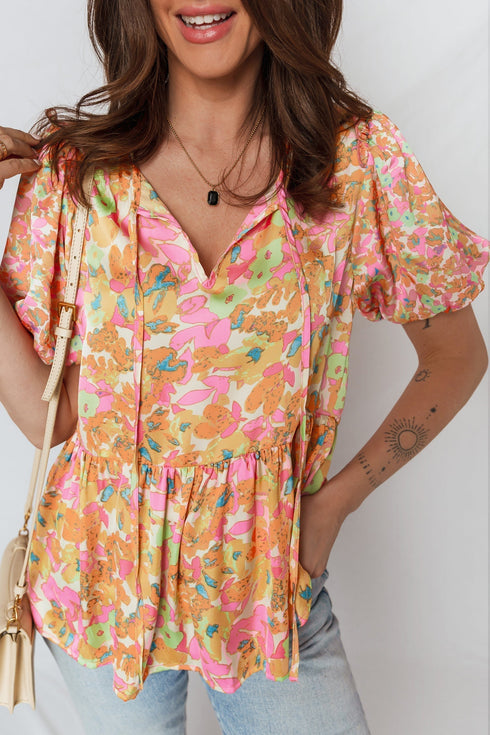 Split V Neck Short Sleeve Floral Print Relaxed Blouse