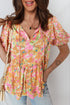 Split V Neck Short Sleeve Floral Print Relaxed Blouse