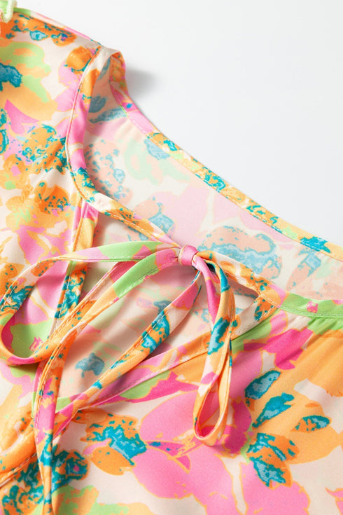 Split V Neck Short Sleeve Floral Print Relaxed Blouse