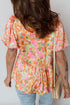 Split V Neck Short Sleeve Floral Print Relaxed Blouse