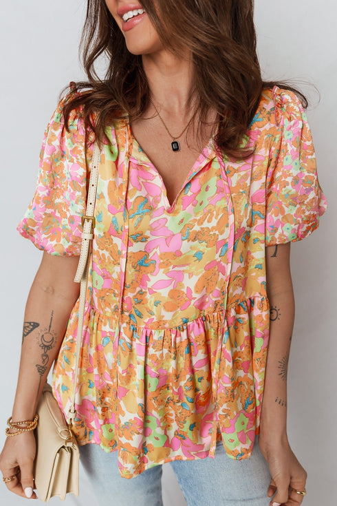 Split V Neck Short Sleeve Floral Print Relaxed Blouse