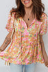 Split V Neck Short Sleeve Floral Print Relaxed Blouse
