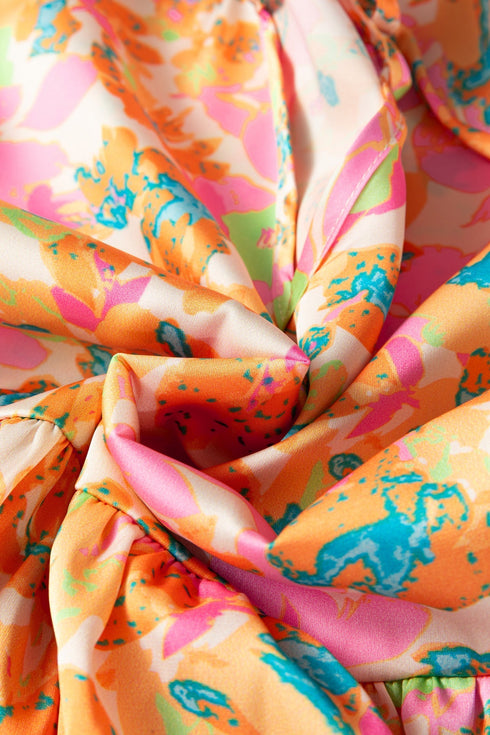 Split V Neck Short Sleeve Floral Print Relaxed Blouse