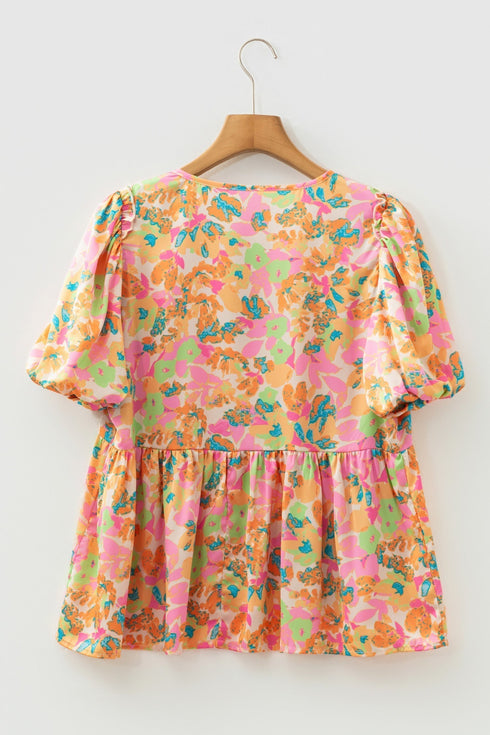 Split V Neck Short Sleeve Floral Print Relaxed Blouse