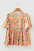 Split V Neck Short Sleeve Floral Print Relaxed Blouse